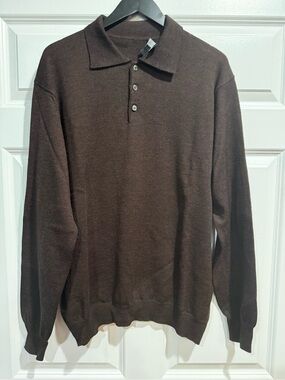 Men’s Toscano 100% Merino Wool Long Sleeve Brown Sweater Polo in XL
